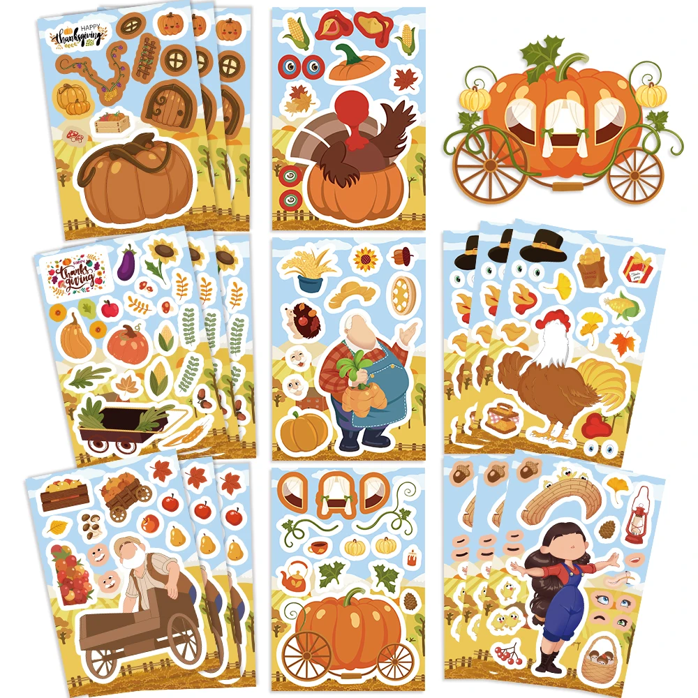 8/16/32pcs Thanksgiving Day Pumpkin Puzzle Stickers Children Make a Face Cartoon Assemble Kids Toys DIY Sticker Decoration