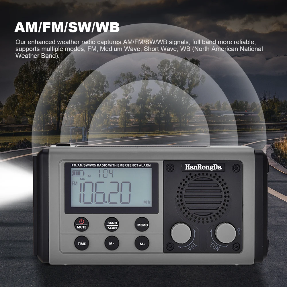 Rádio de manivela de emergência am/fm/sw rádio com alarme sos lanterna led rádio meteorológico portátil para acampamento ao ar livre e emergência
