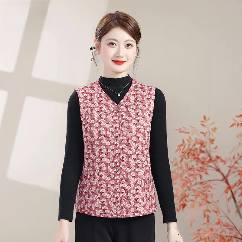 

Утепленный жилет для пожилых женщин: осенне-зимняя верхняя одежда, женская одежда из полиэстера, V-образный вырез, дизайн с одной пуговицей