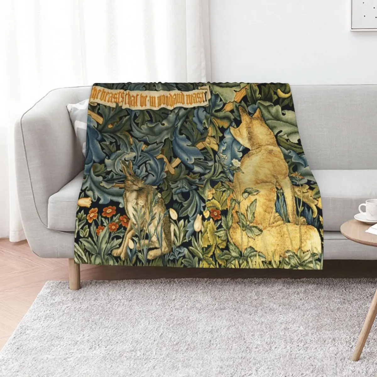 GREENERY, FOREST ANIMALS ,FOX AND HARE Blue Green Floral Throw Blanket Thins Luxury St warm for winter Cute Blankets