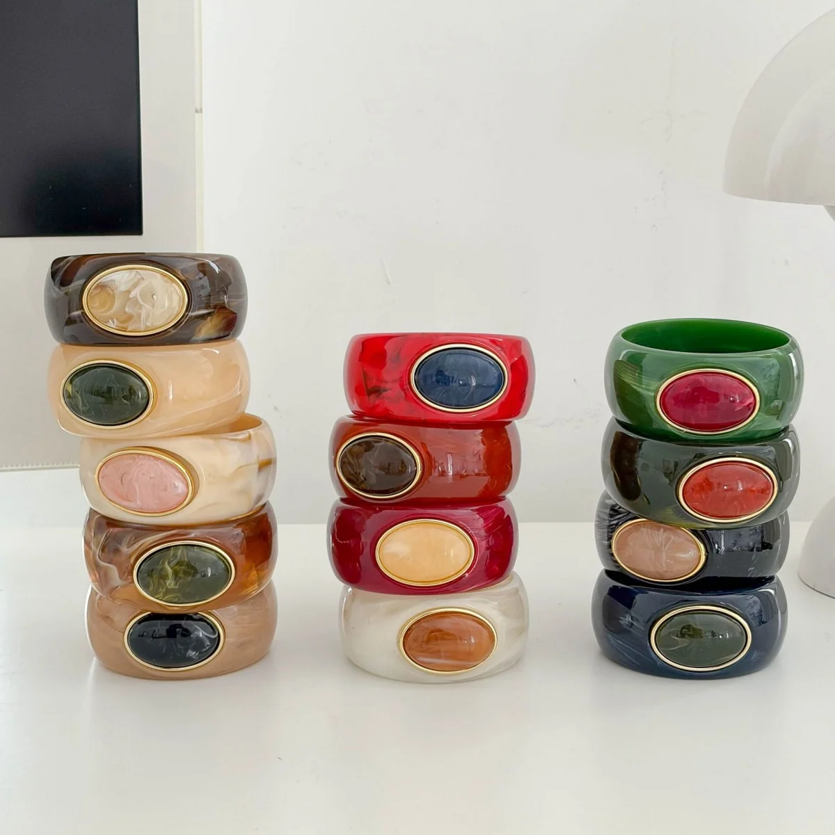 Vintage Boho Colorful Oval Stone Geometric Resin Chunky Bangles for Women Exaggerated Fashion Acrylic Wide Bracelet Jewelry Gift
