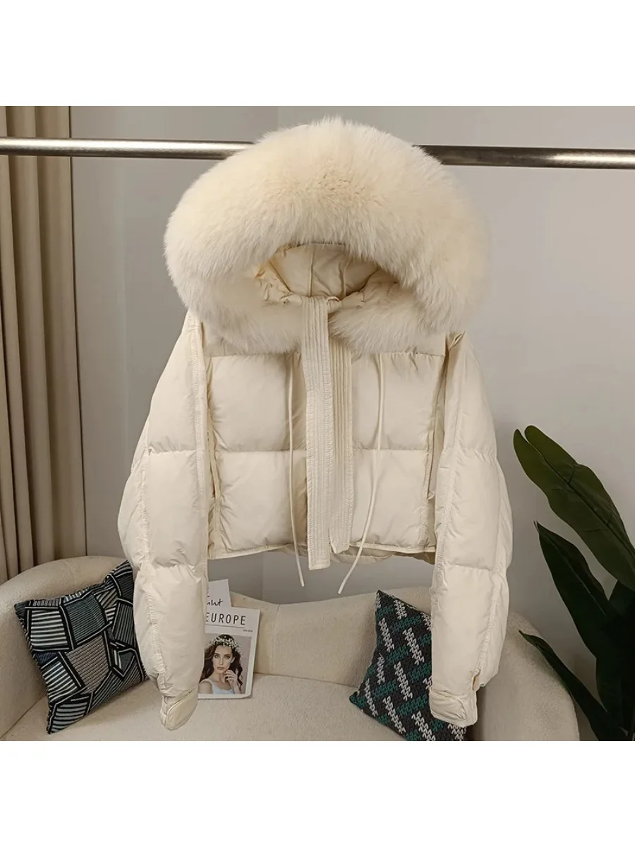 New Duck Down Loose Winter Jacket Women Real Fox Fur Raccoon Fur Collar Hooded Thick Warm Streetwear Outerwear Detachable