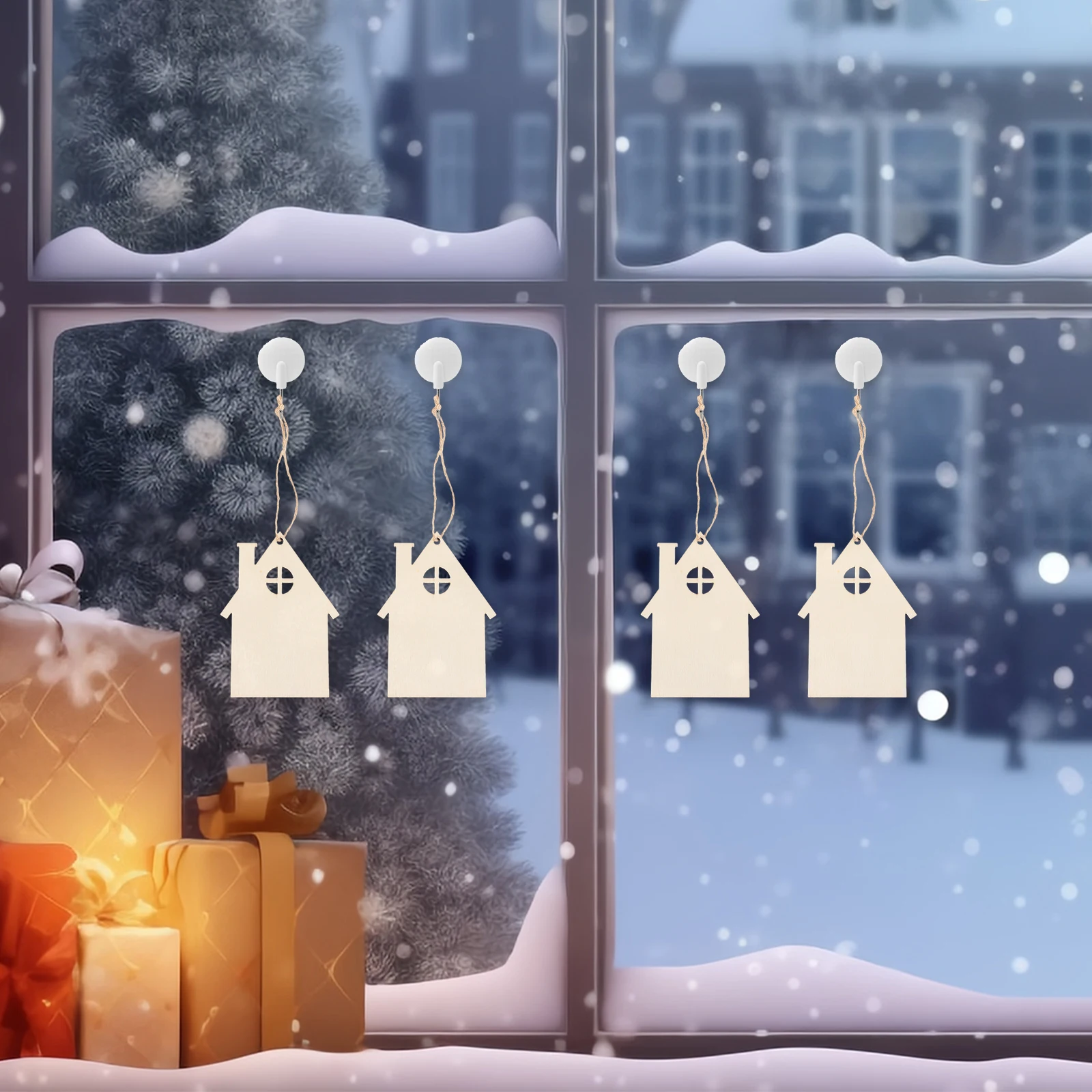 

20pcs DIY Wooden Christmas nament 9cm Small House Pendant Craft Xmas Tree Hanging Decor Holiday Scene Layout Accessories Wood