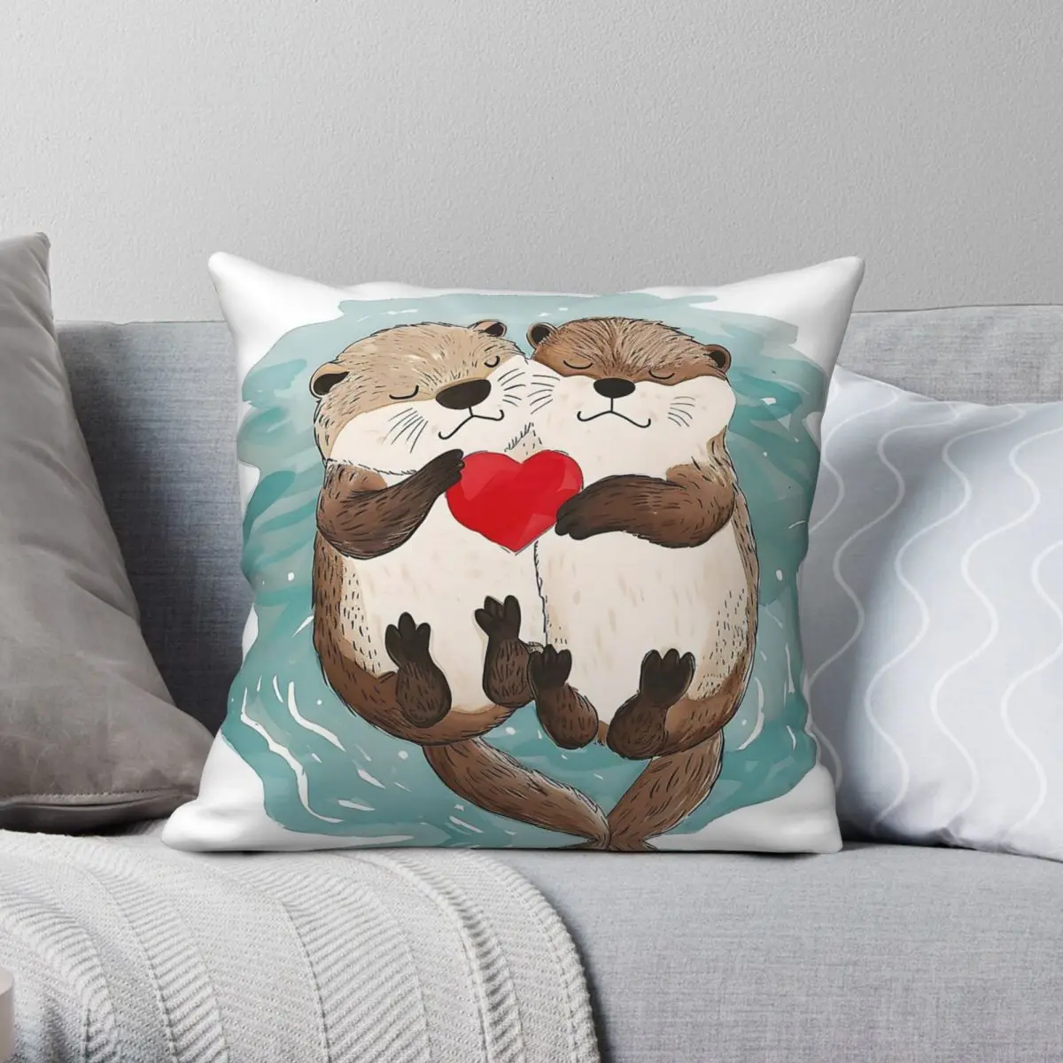 Otter Couple In Love Square Pillowcase Polyester Linen Velvet Pattern Zip Decorative Pillow Case Home Cushion Case 45x45