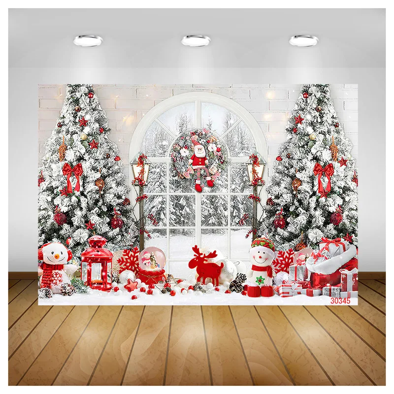 ZHISUXI Christmas Tree Window Wreath Photography Backdrop Wooden Doors Snowman Cinema Pine New Year Background Prop ZZ-21