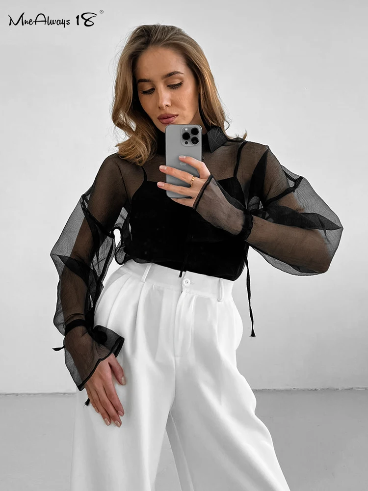 Mnealways18 White Mesh Elegant Shirts Women Turn Down Collar Thin Perspective Blouses Elegant Puff Sleeves Office Ladies Tops