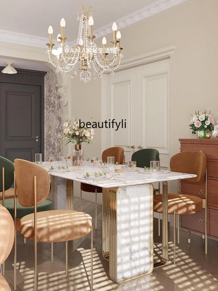 X188French Cream Style Stone Plate Dining Tables and Chairs Set Light Luxury Pandora Luxury Stone Designer Home Rectangular