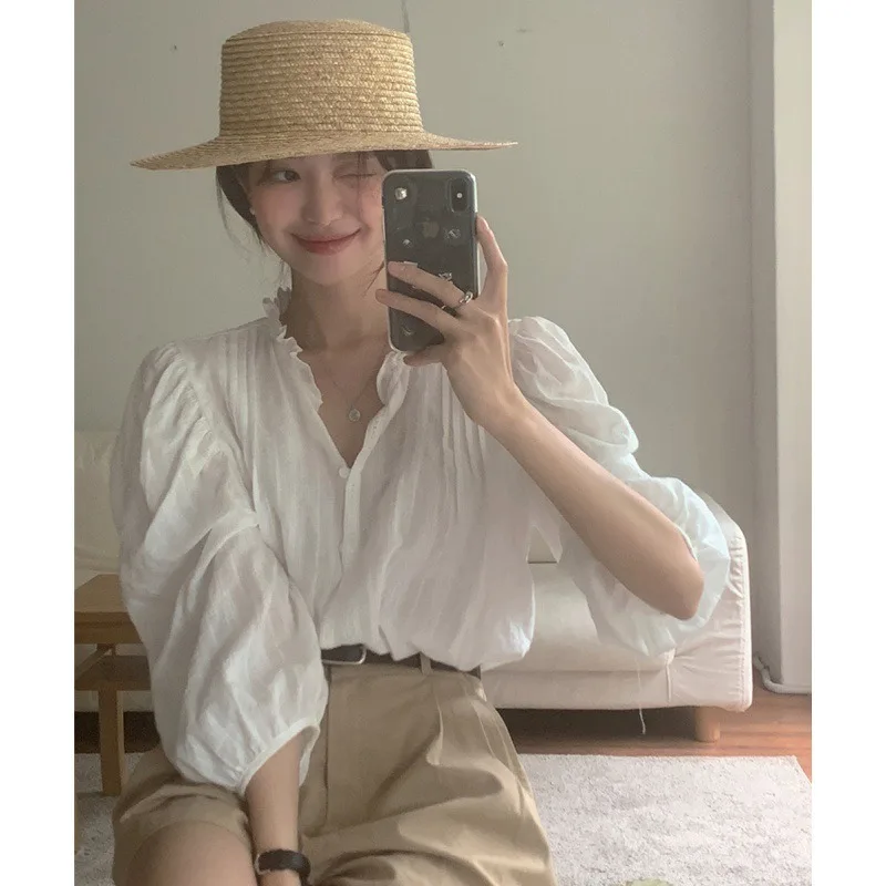 2024 Korean Fashion Sweet Puff Sleeve Office Oversized Women Blouses Shirts Spring Summer Vintage Elegant Lady Tops Blusas