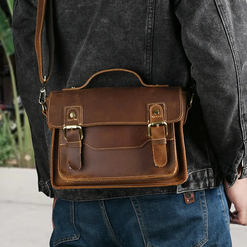Torba męska na ramię Luufan ze skóry Crazy Horse, vintage torba listonoszka, mała męska torba podróżna crossbody, męska torebka, torba sling.