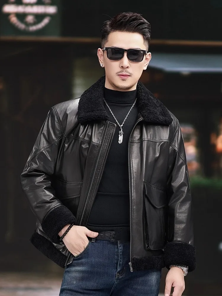 Alta qualidade real pele de cabra dos homens para baixo jaqueta gola lã curto outerwear zíperes chique outono inverno luxo jaquetas couro genuíno