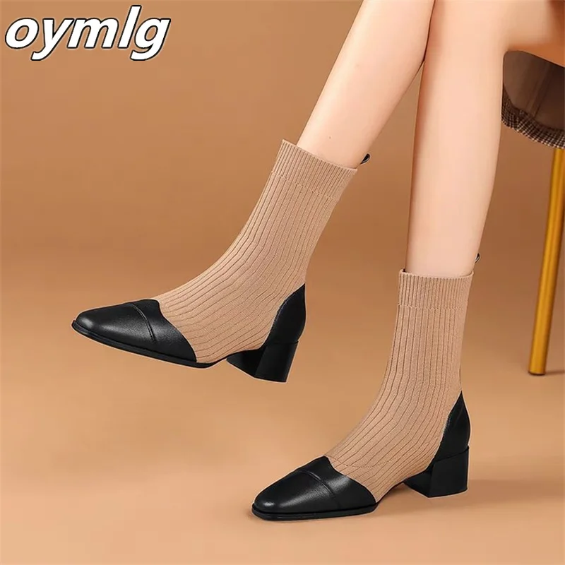 Square Head Slim Boots 2023 Autumn New Simple and Stylish Thick High Heel Boots Sleeve Knitted Short Boots for Women