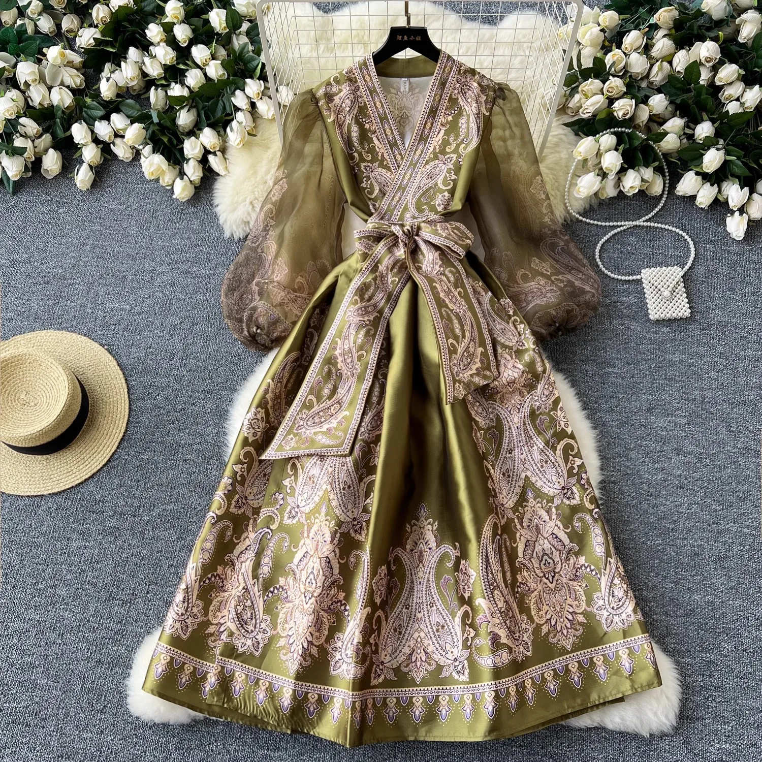 Retro Luxury Floral Print Dress Women Spring Autumn V Neck Long Sleeve Patchwork Long Dress With Belt Elegant Party Vestidos