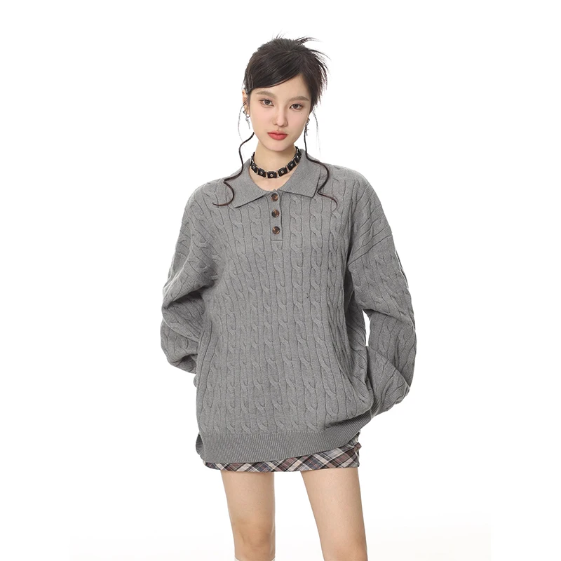 

Women's Sweater Autumn And Winter New Large Lapel Half Half Open Buckle Pullover Sweater Loose Casual Lazy Style Jacket Top