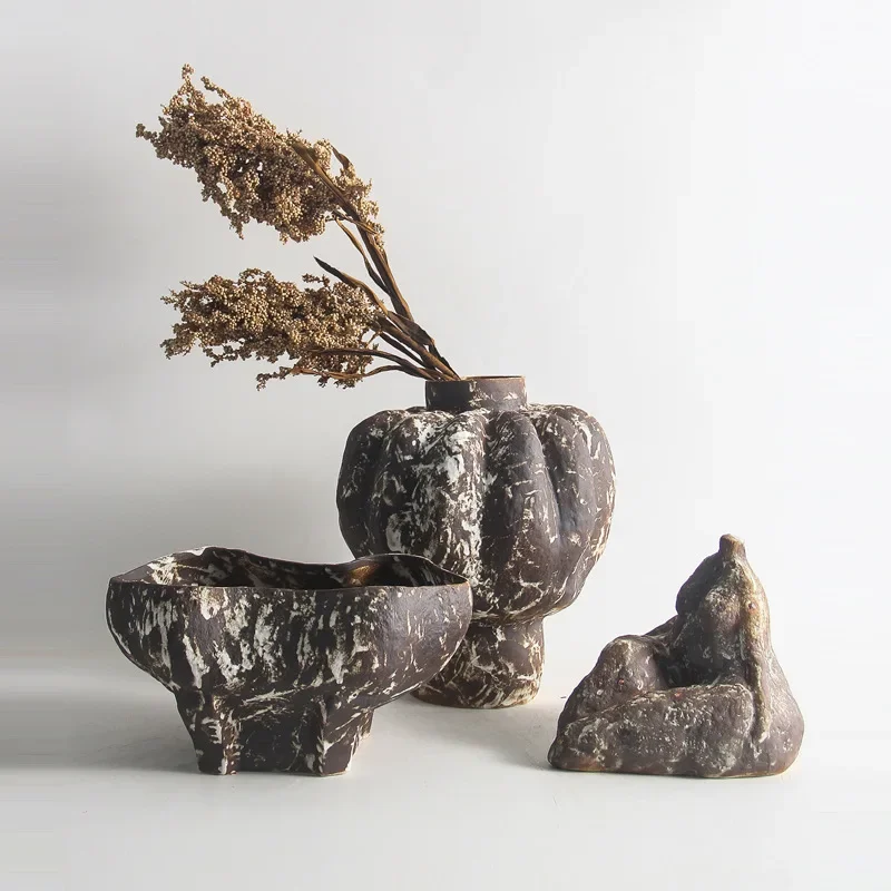 Medieval wabi sandy wind creative sandstone ceramic vase ornament model room living room desktop home retro flower decoration