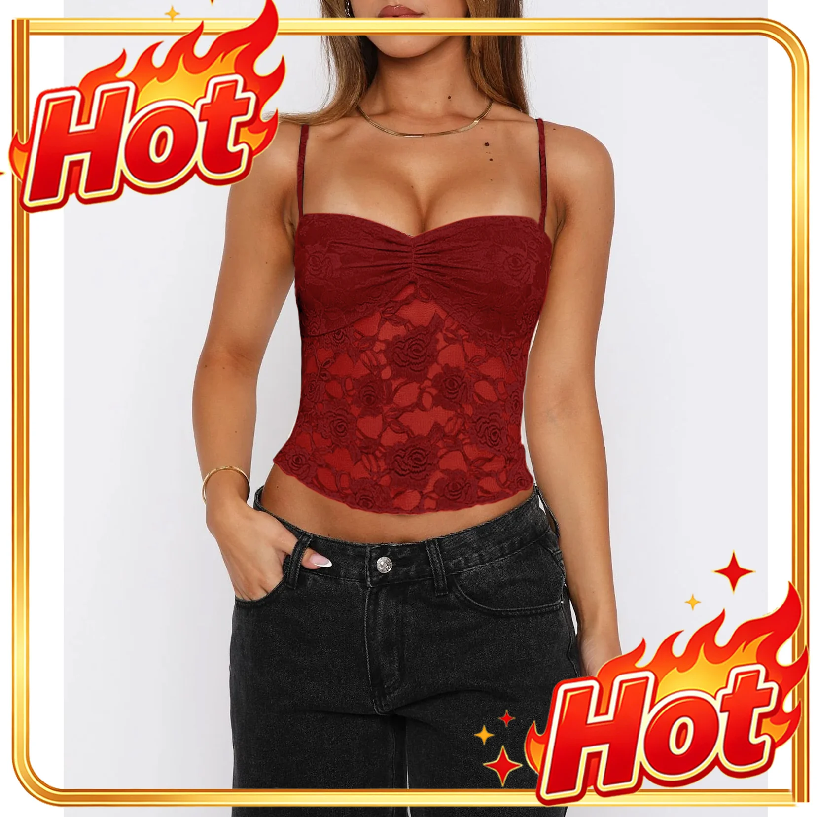 Women's Summer Lace Cami Tops Sleeveless Ruched Front Solid Color Camisole Slim Fit Tank Tops