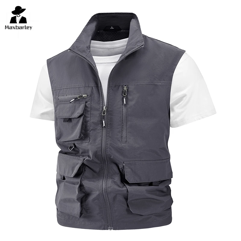 2024 Summer Men Sleeveless Fishing Tool Webbed Breathable Vest Men Many Pocket Outdoors Camping Thin Lightweight Loose Vest Male