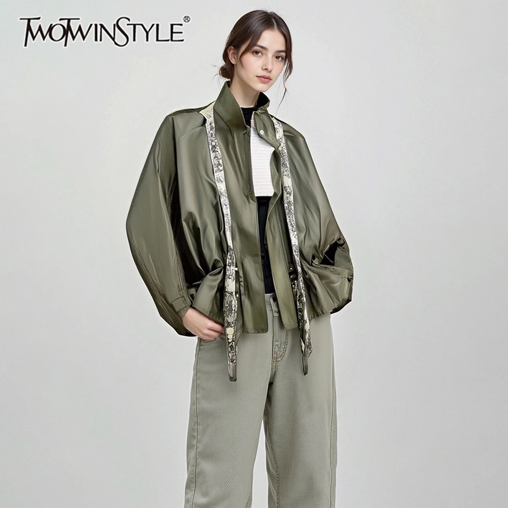 TWOTWINSTYLE Solid Spliced Single Breasted Leather Jackets for Women High Neck Long Sleeve Tunic Patchwork Lace Up Jacket Female