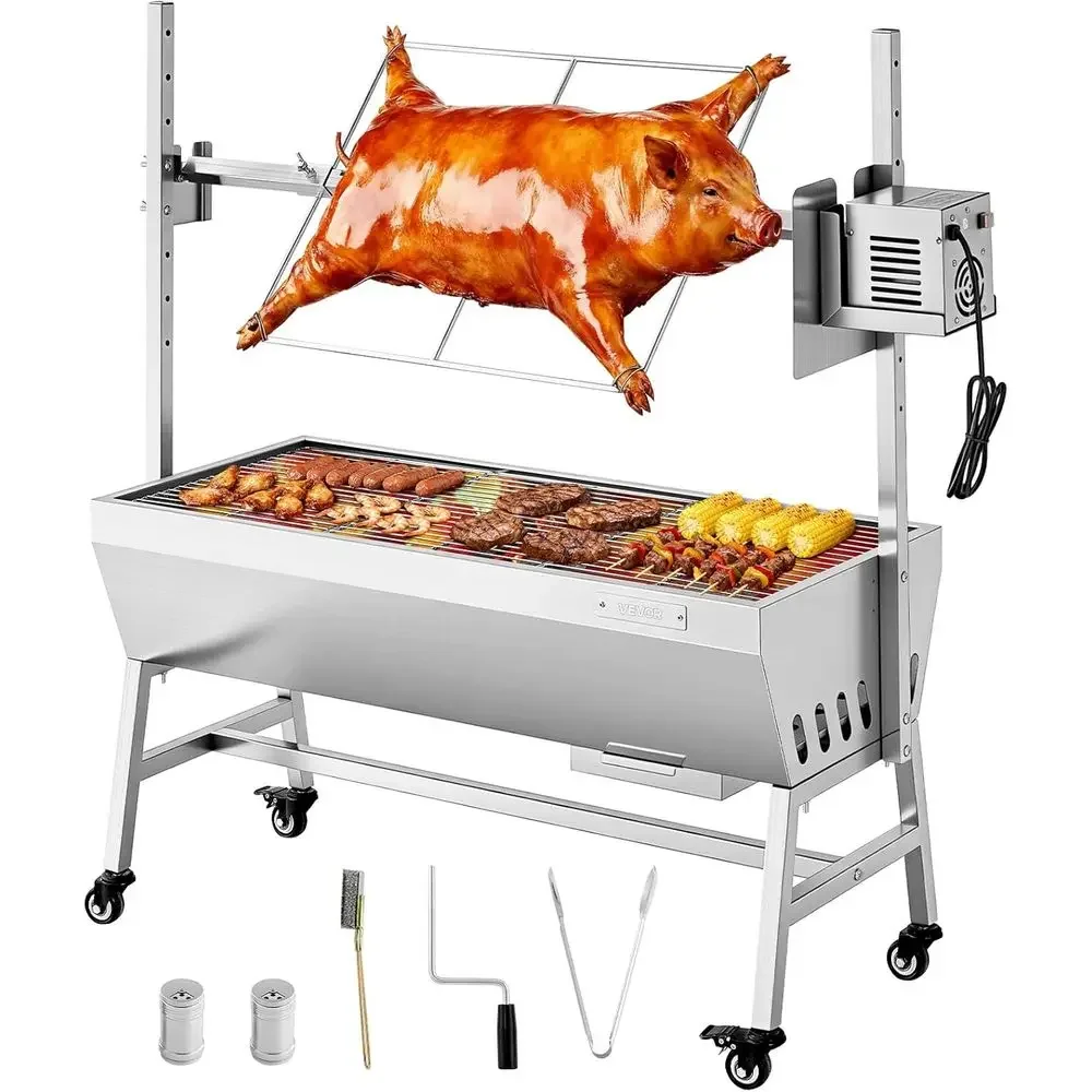 Outdoor Stainless Steel BBQ Spit Roaster, 38W, 132 lbs Capacity, 7-Level Adjustable, Wheeled Charcoal Grill for Pig & Lamb