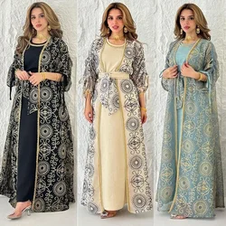 Dubai Ramadan Embroidery stylish abaya Two -piece Muslim Elegant Women Evening Dress O-Neck Belted Kaftan