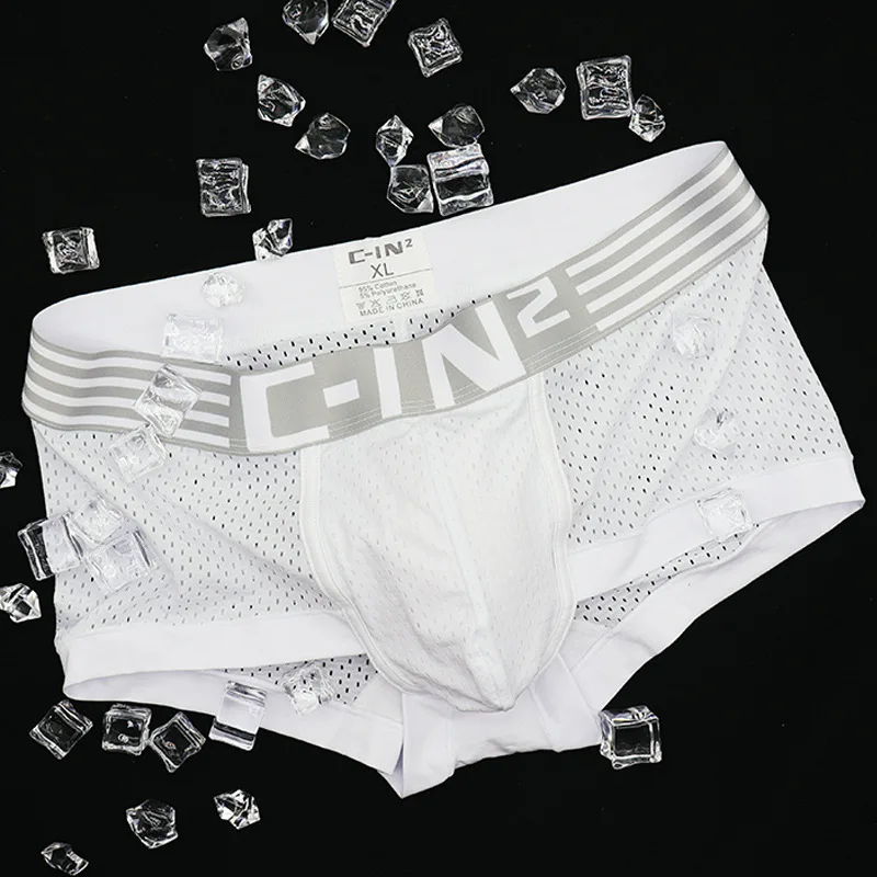 CIN2 men\'s boxers Solid color cotton mesh breathable shorts comfortable U convex jockstrap elastic quick drying underwear