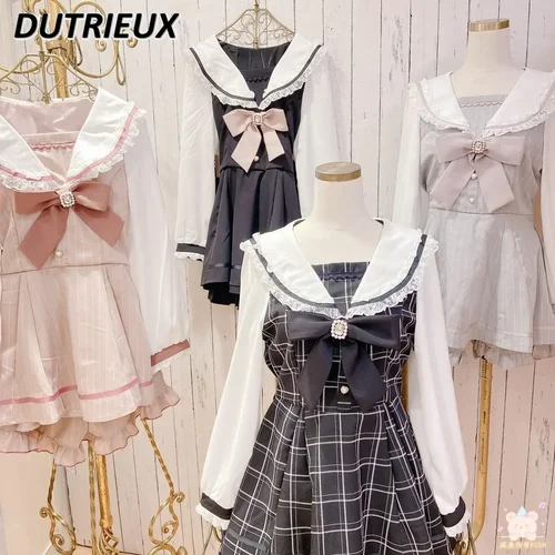 Imagen 1 del producto Trajes de estilo japonés para mujer, vestido a cuadros con cuello de marinero y lazo de diamantes de imitación, conjunto de pantalones cortos, vestido de la serie Sweet Lolita Mine, traje de dos piezas