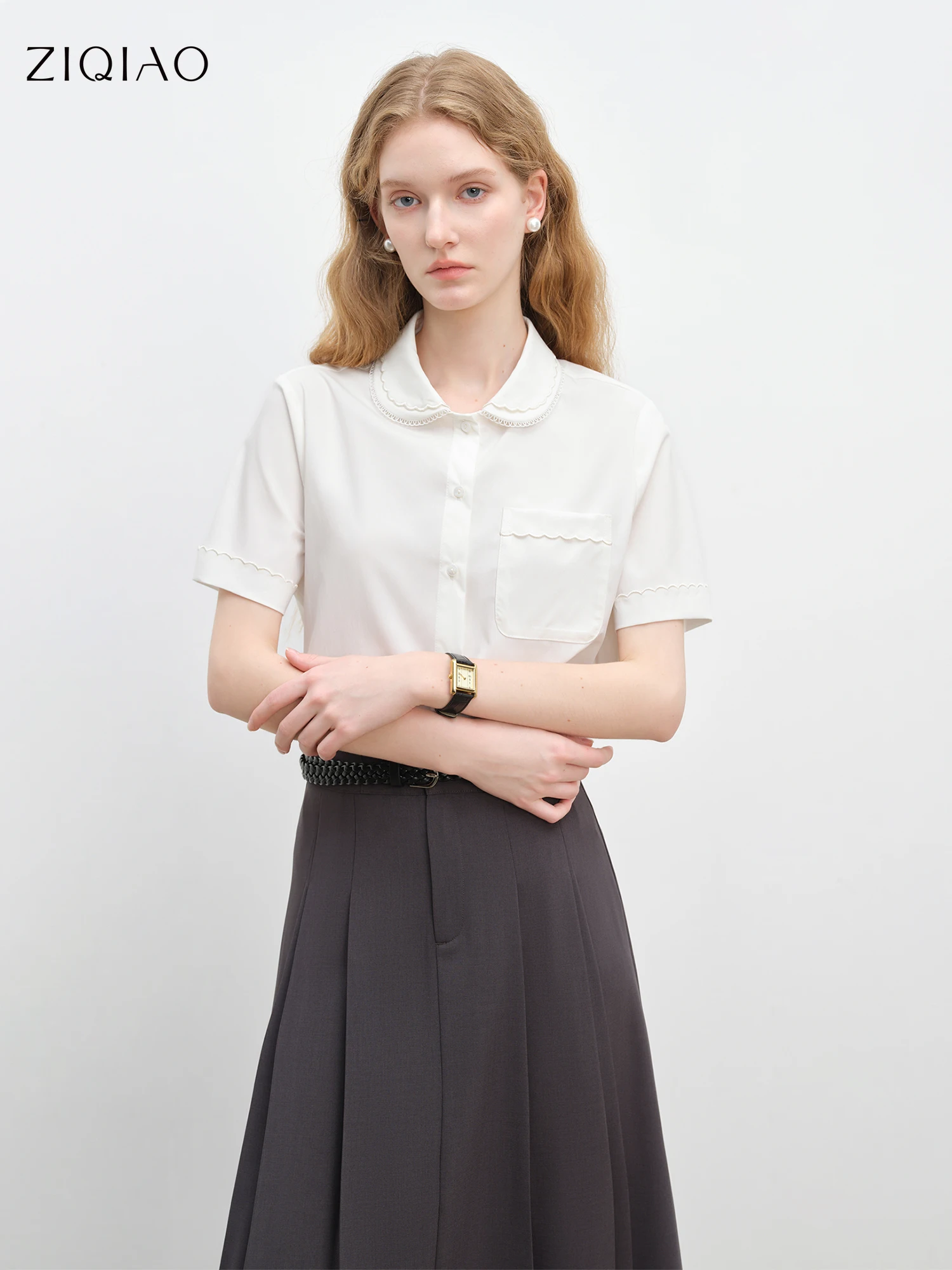 

ZIQIAO White Blue Short-sleeve Doll Collar Shirt for Women Summer 2025 New Arrival French Style Straight Shoulder Top 25ZQ92357