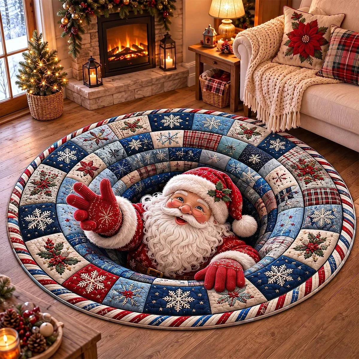 VIKAMA Waving Santa Blue Quilted Snowflake Round Rug Soft Flannel Non-Slip Bedroom Bedside Living Room Christmas Carpet Decor