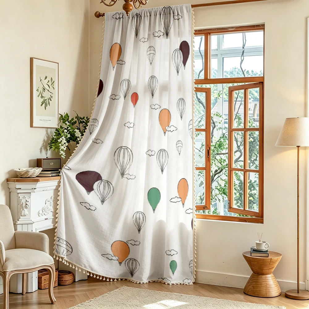 1PC Cartoon Tassel Sheer Curtains, Hot Air Balloon Cloud, Digital Print, Linen Polyester, Bedroom Living Room, Home Decor
