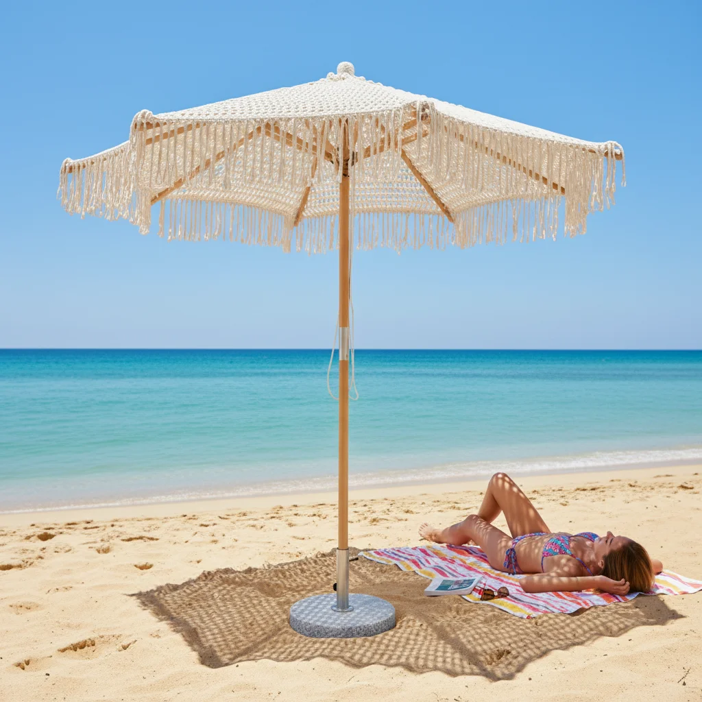 ※a Handmade Macrame Crochet Foldable Waterproof Umbrella With Modern Design For Hotel Outdoor Use Stylish Beach Garden Shade
