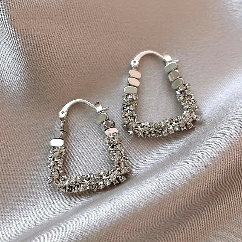 Broken Silver Plated Square Niche Design Light Luxurious High-end Exquisite and Unique Fashionable  Women Diamond Hoop Earring