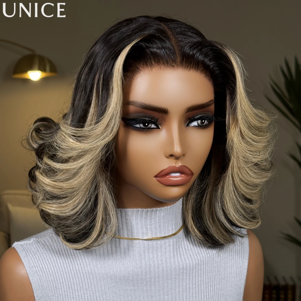 

UNice 7x5 Lace Black With Blonde Highlights Face-framing Layers Wavy Bob Human Hair Wig With Drawstring WeaGlueless Wig