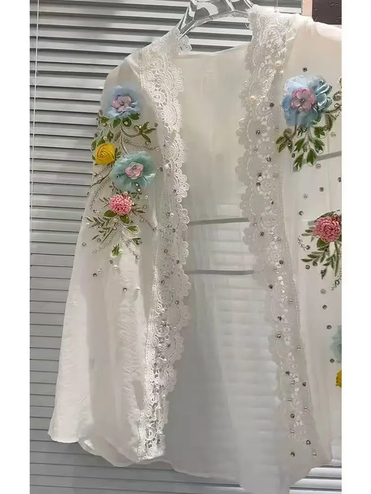 Breathable Cotton Blended White Hooded Sunscreen Shirts Blouses for Women's Lace Embroidery 3D Flowers Long Sleeve Cardigan Tops view 6