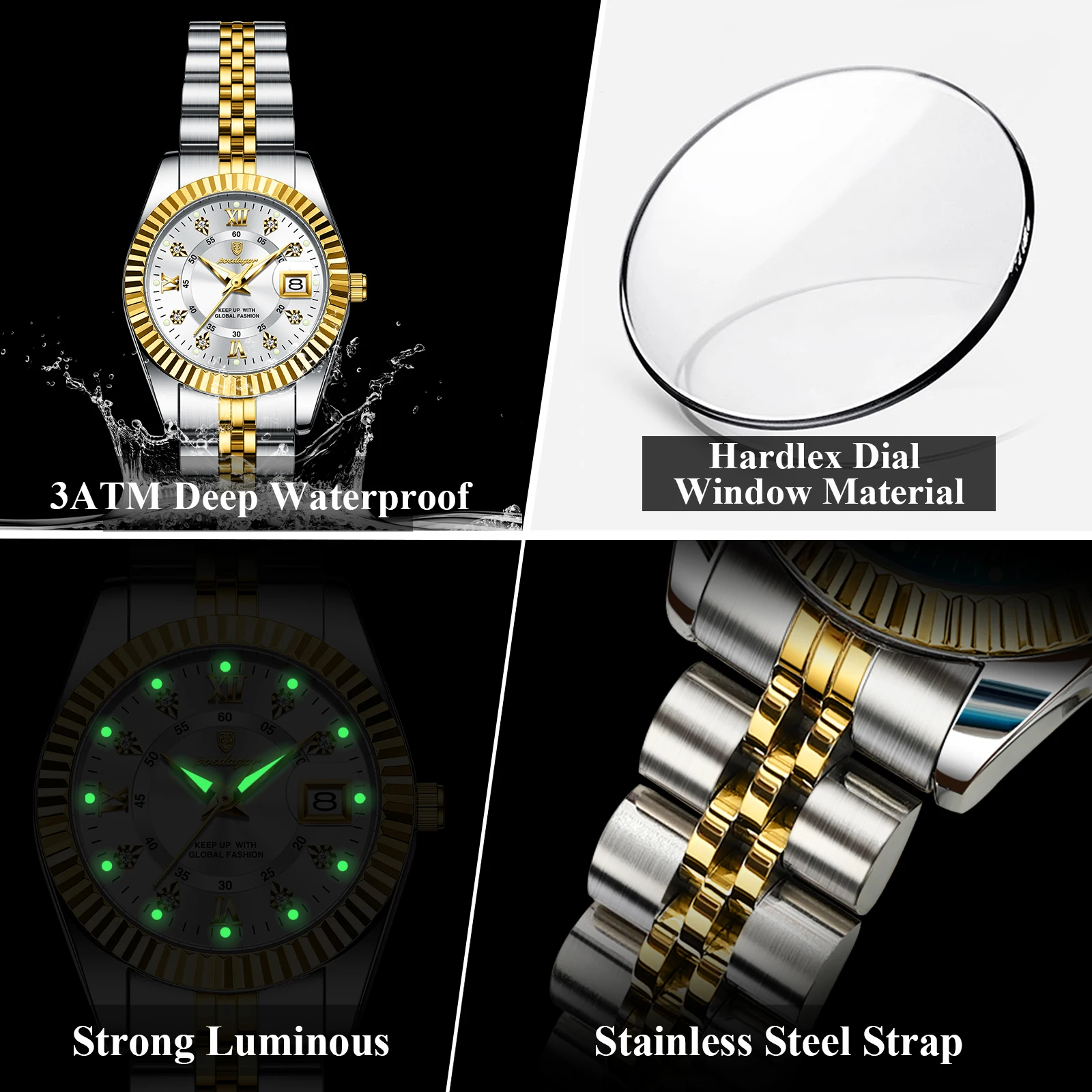 POEDAGAR-Reloj elegante de lujo para mujer, resistente al agua, con fecha luminosa, de cuarzo, de acero inoxidable