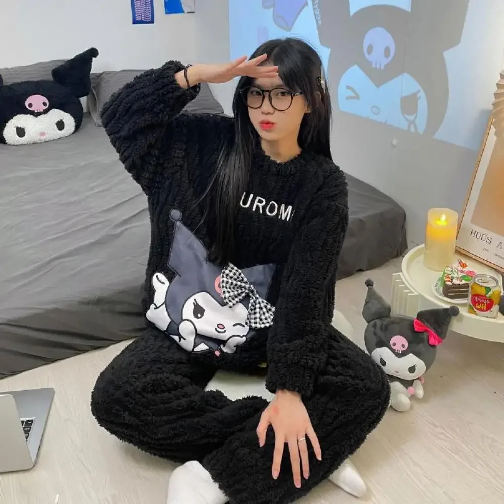 Anime Women Kuromi Pajama Set Sanrioed Kawaii Plush Home Clothes Cartoon Winter Thickened Long Sleeves Pants Girl Cute Keep Warm