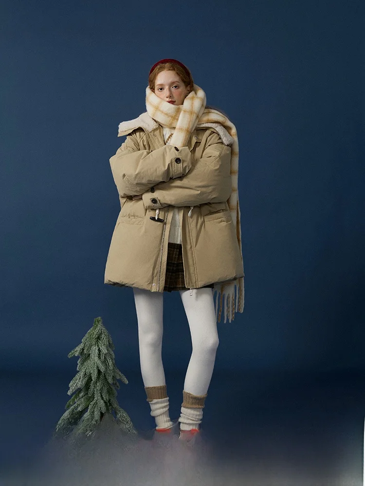 

Women's Thiened Du down Jaet Barnetted Fluffy Collar Workwear Winter Coat Sauce Purple Casual Loose Fit Long Sve