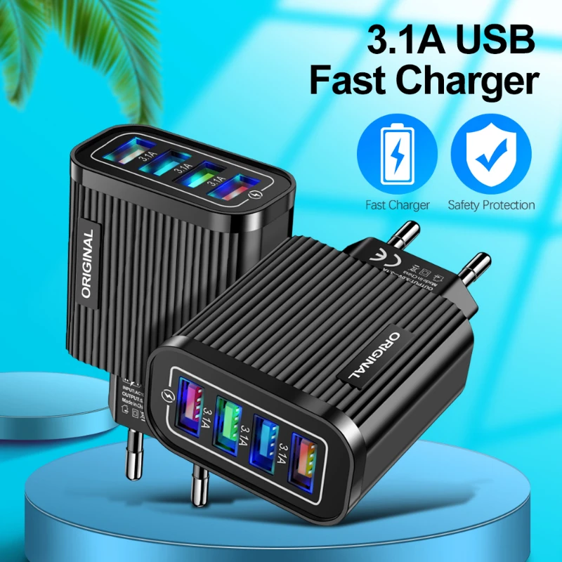 5V3.1A USB Charger Multiple USB Fast Charging 4 Ports Quick Charge QC4.0 Travel Smart Phone Adapter EU US Plug For iPhone Xiaomi