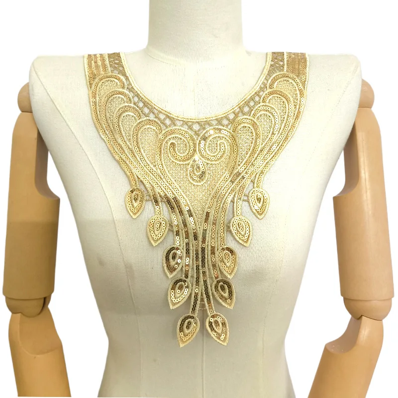 Gold Sequins Embroidered Polyester Hollow Lace Fake Collar Ethnic Middle Eastern Floral Chest Applique Sewing Accessories