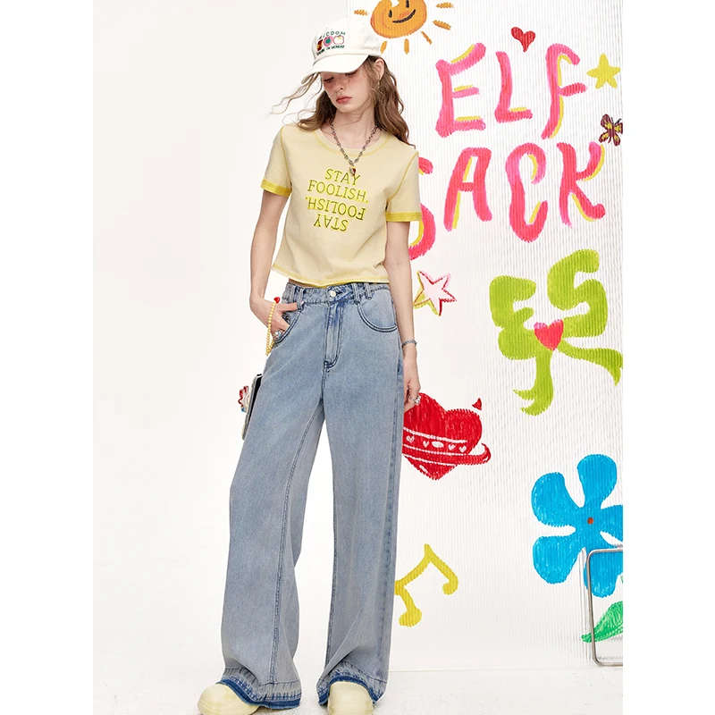 ELFSACK Lemon Yellow T-Shirt with Mirror Slogan, , Chic Casual Short Sleeve Tee, Retro Contrast Trim Top for Summer