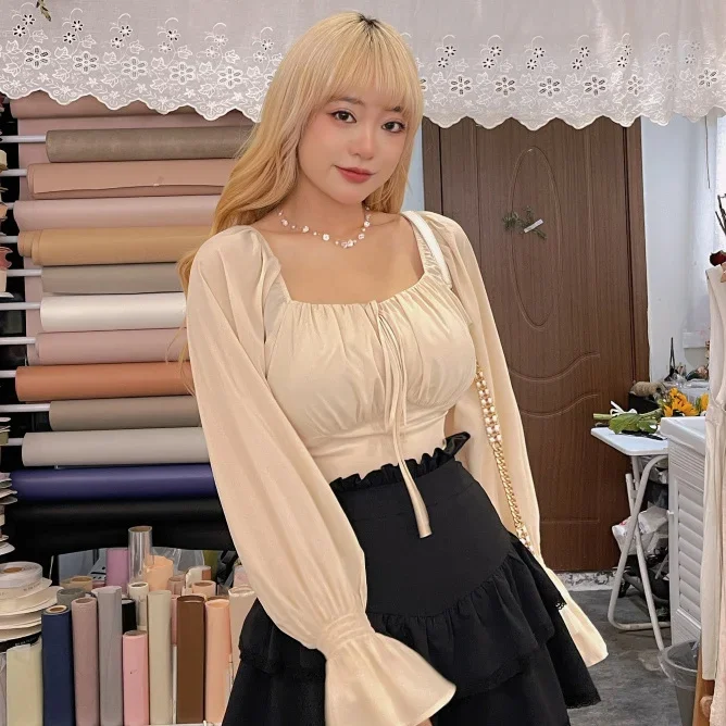 Korejepo Women Slightly Chubb Square Neck Autumn New Covering The Belly To Show Off Weight Chiffon Shirt Short Design Chic Top