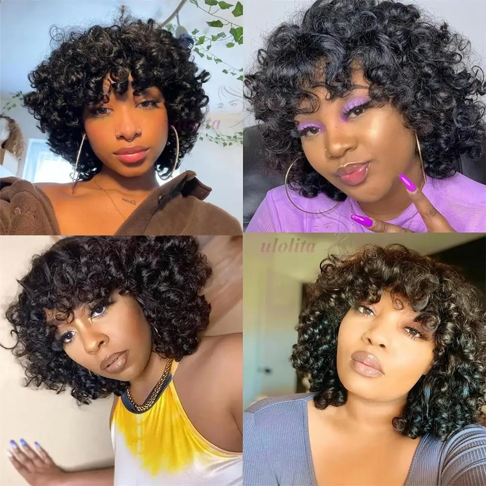 99J Burgunder Fumi Lockige Bob-Perücke, Federnde Pixie-Cut-Perücke mit Highlights, Vollmaschinell Gefertigte Eierlocken, Lockige Echthaar-Perücken für Frauen mit Pony – Detail 16