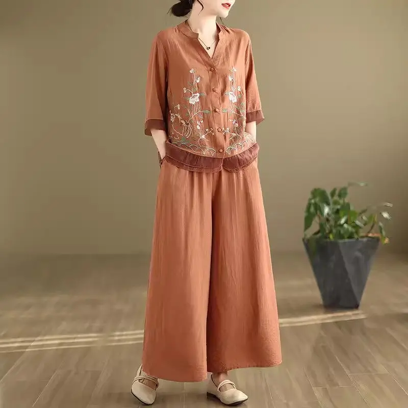 2024 Retro Ramie Standing Neck Embroidered Top + Wide Leg Pants Two Piece Set Simple And Casual Versatile Outfit For Women K164