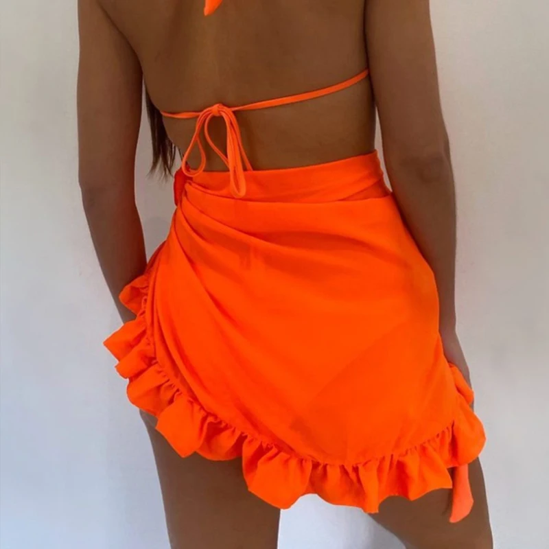 Nieuwe Ruches Bikini Cover Ups Korte Rok Semi-Doorschijnende Strandkleding Sarong Mesh Casual Strand Cover Up Dameszwemkleding Wikkelrok