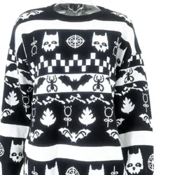 Halloween Dark Gothic Skull Punk Retro Bat Pattern Autumn Winter Soft Warm Knitted Sweater Women's Pullover