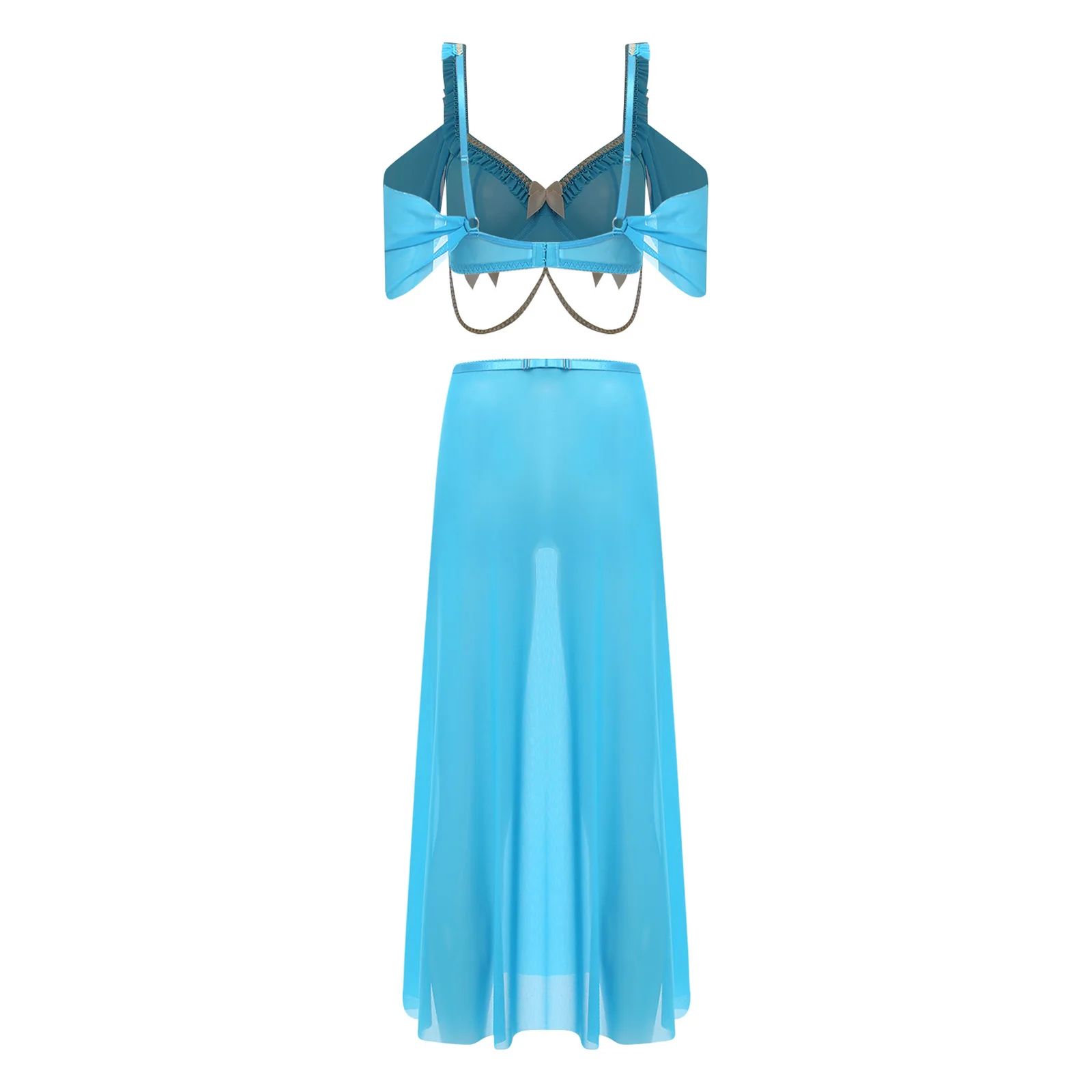 Women Arab Belly Princess Dance Performance Costume Bra Crop Top Waist Chain High Slit Skirt And T-back Thong Belly Dance Outfit