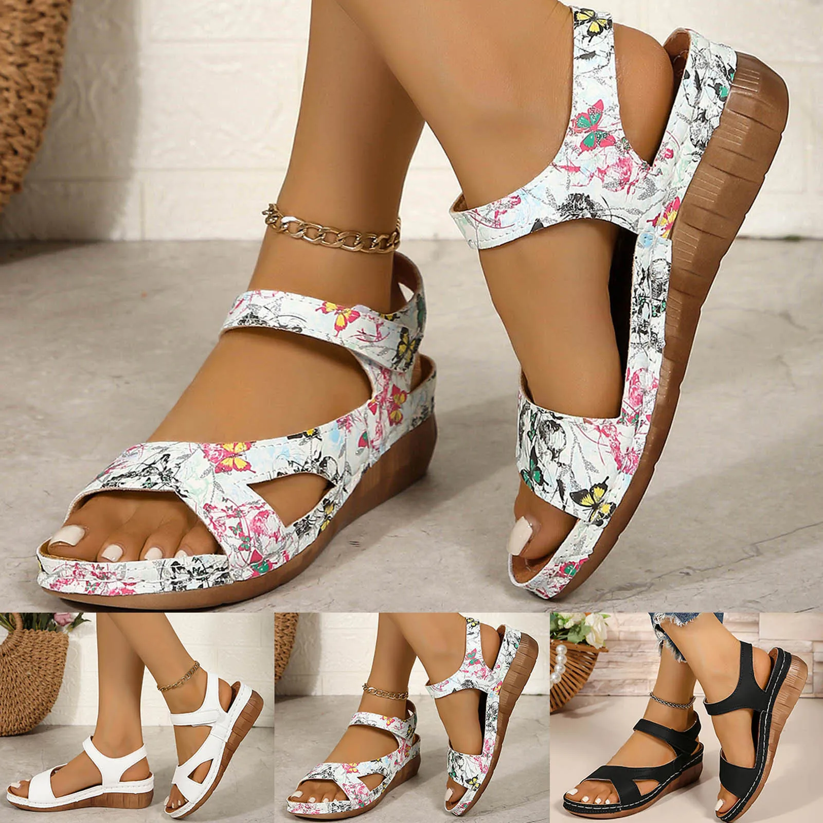 

2025 Hot Sale Ladies Shoes Cover Heel Women's Sandals Fashion Dress Sandals Women Print Back Zip Platform Wedges Shoes Women