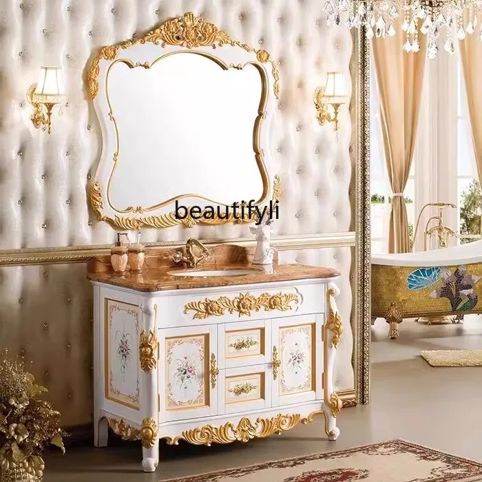 

Painted European bathroom cabinet washbasin cabinet combination floor-to-ceiling washbasin basin gold