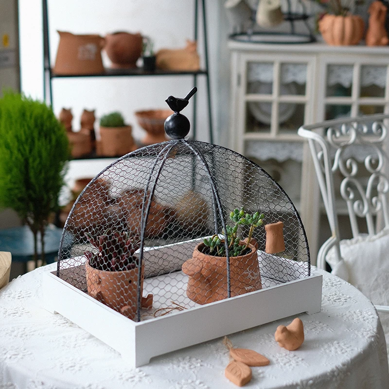 

Rustic Birdcage Food Cover, Metal Wire Cloche Dome, Wooden Storage Tray, Decorative Organizer, Garden Patio Table, 40x30x38cm