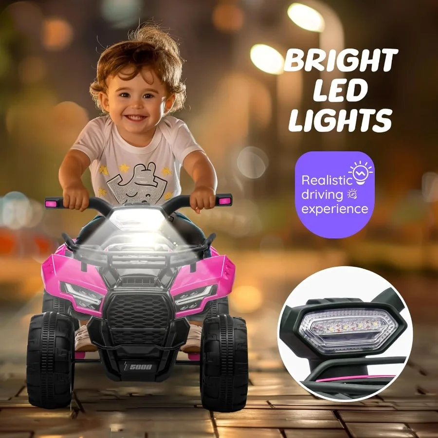 ATV dla dzieci zasilane akumulatorem 6V, quad z muzyką i światłem, prędkość maksymalna 1,9 km/h, quad dla dzieci w wieku 1,5-3 lat, Pin