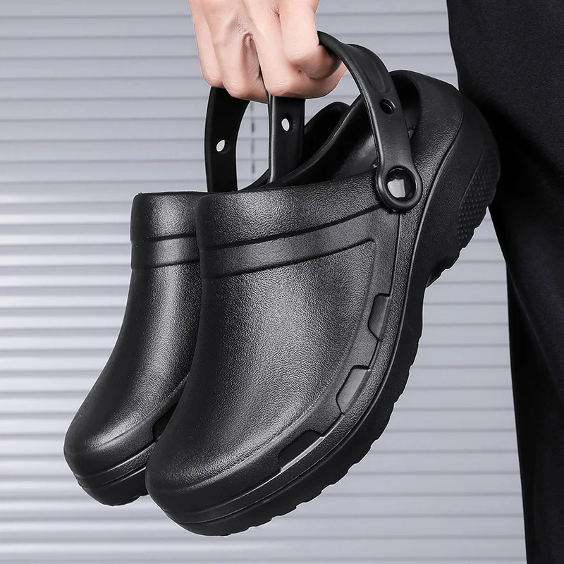 2023 New Solid Black Men Thick Soled EVA Nurse Doctor Shoes Chef Shoes Grass Removal Shoes Non-slip Slippers Men Sandal 44/45