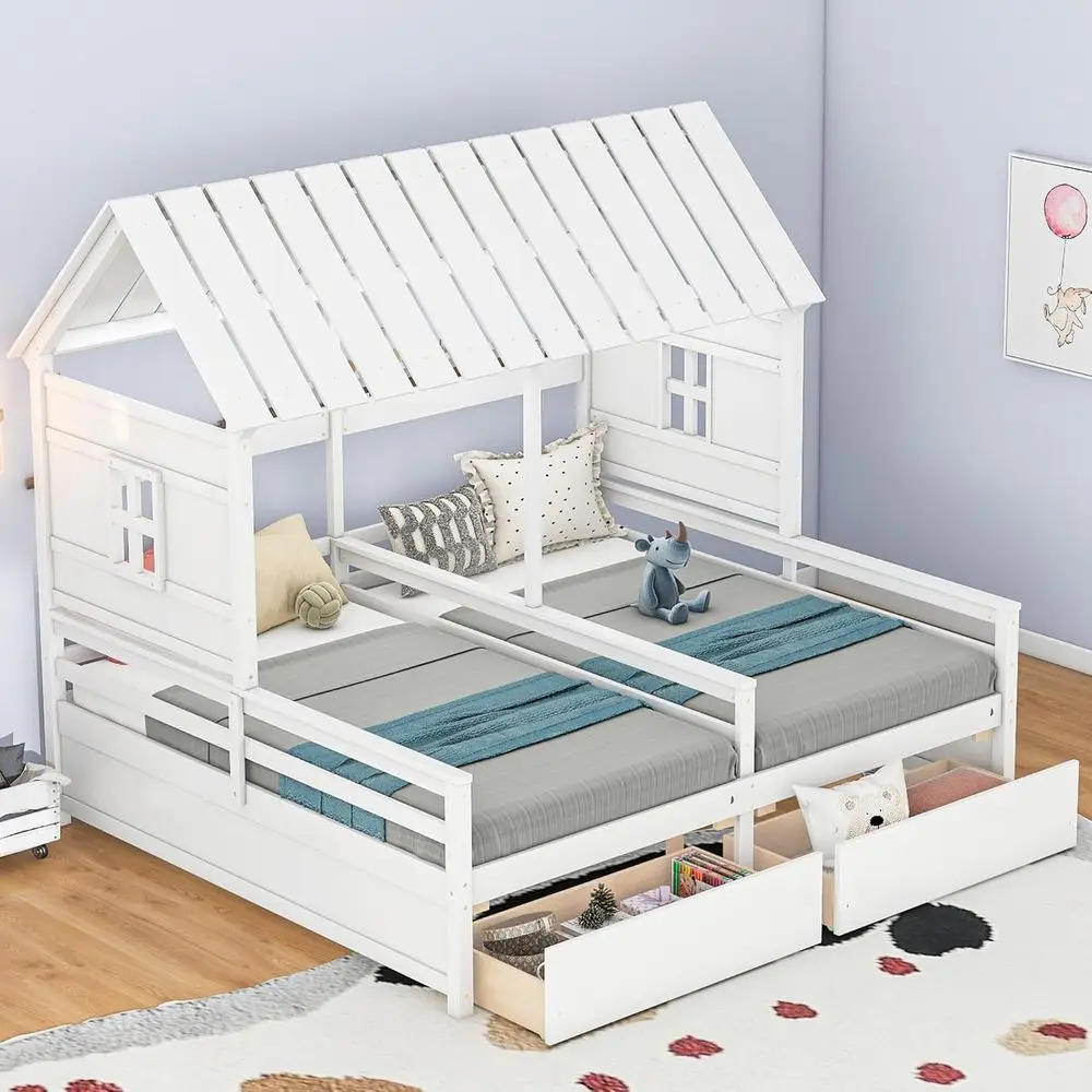 

Double Twin Size Wooden Platform Beds with Desks, Roof and Window, Bedroom Furniture, Decorative Tent (White)